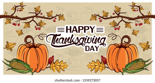 happy thanksgiving day card with pumpkins and tree branches vector illustration