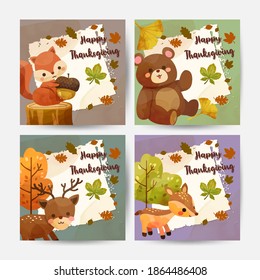 Happy Thanksgiving Day card with squirrel, bear, rabbit and deer.