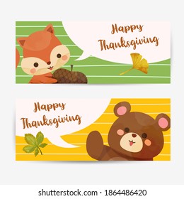 Happy Thanksgiving Day  card with Squirrel, bear and leaves.