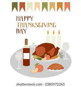 Happy Thanksgiving Day Card. Happy Thanks giving celebration background. November 23. Cartoon Vector Flat Illustration for Poster, Banner, Greeting Card, Flyer, Invitation Card, Cover, Template.