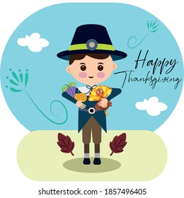 Happy thanksgiving day card with a traditional american man cartoon - Vector