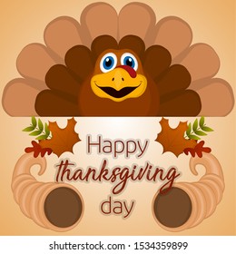 Happy thanksgiving day card with a turkey, cornucopia and leaves - Vector