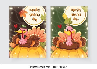 Happy Thanksgiving Day card with Turkey sitting on a pumpkin.