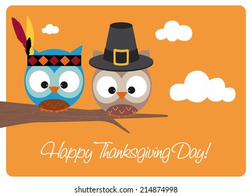 happy thanksgiving day card, two cute owls wearing pilgrim hat and indian costume, sitting on a branch during a sunny autumn day 