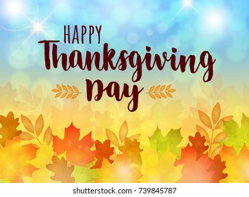 Happy Thanksgiving day card. Vector Thanksgiving calligraphy lettering on autumn background