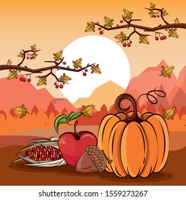 happy thanksgiving day card with vegetables in landscape vector illustration design