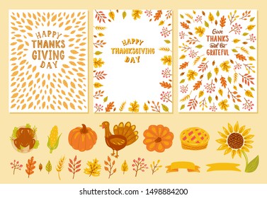 Happy thanksgiving day cards and elements. Hand drawn set. Leaves, pumpkin, pie, corn, turkey, sunflower, ribbon, lettering.