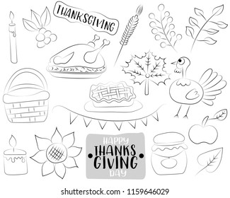 Happy Thanksgiving day cartoon icons and objects set.  Black and white outline coloring page. Hand drawn kids game vector illustration.