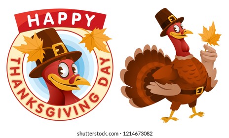 Happy Thanksgiving Day. Cartoon turkey in a pilgrim hat keeps the autumn leaf. Vector illustration. Elements is grouped. No transparent objects.