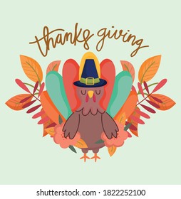 happy thanksgiving day, cartoon turkey with hat foliage leaves nature decoration vector illustration