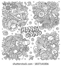 Happy Thanksgiving Day cartoon vector doodle illustration. Sketchy detailed designs with lot of separate objects and symbols. 4 composition set