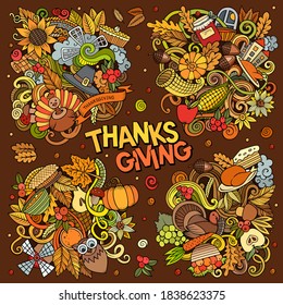Happy Thanksgiving Day cartoon vector doodle illustration. Colorful detailed designs with lot of separate objects and symbols. 4 composition set