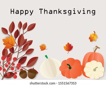 Happy Thanksgiving day celebration card with pumpkins and autumn leaves ,vector illustration paper art style.