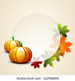 Happy Thanksgiving Day celebration concept with pumpkin, autumn leaves decorated and space for your message on grey background, can be use as flyer, banner or poster. 