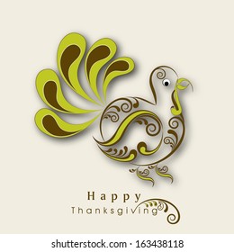 Happy Thanksgiving Day celebration concept with floral decorated turkey bird on abstract background, can be use as flyer, banner or poster. 