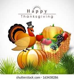 Happy Thanksgiving Day celebration concept with wooden basket full of fruits and vegetables and turkey bird, can be use as flyer, banner or poster. 