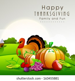 Happy Thanksgiving  Day celebration concept with fruits, vegetables and turkey bird on nature background, can be use as flyer, banner or poster