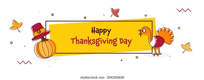 Happy Thanksgiving Day Celebration Concept With Cartoon Turkey Bird, Pilgrim Hat, Pumpkin On Yellow And White Background.