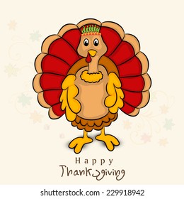 Happy Thanksgiving Day celebration concept with colorful turkey bird on maple leaves decorated background, can be use as flyer, banner or poster.