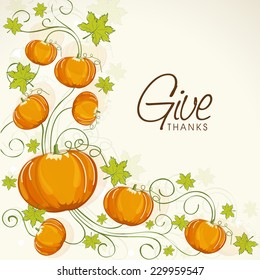 Happy Thanksgiving Day celebration concept with pumpkins and autumn leaves, can be use as flyer, banner or poster.