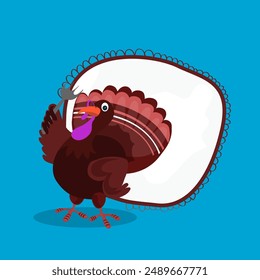 Happy Thanksgiving Day Celebration Concept mit niedlichen Cartoon Türkei Vogel Holding Gabel Löffel Vektorillustration.