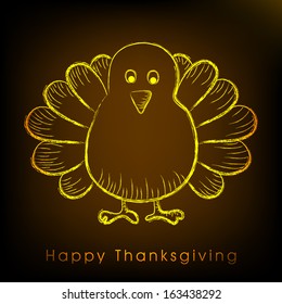 Happy Thanksgiving Day celebration flyer, banner or poster with golden turkey bird on brown background. 