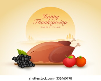 Happy Thanksgiving Day celebration with fresh cooked chicken, fruits and vegetable on nature background.