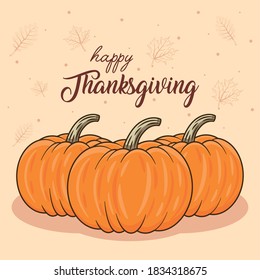 happy thanksgiving day celebration lettering with pumpkins vector illustration design