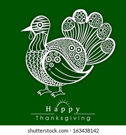 Happy Thanksgiving Day celebration poster, flyer and banner with floral decorated turkey bird on green background. 