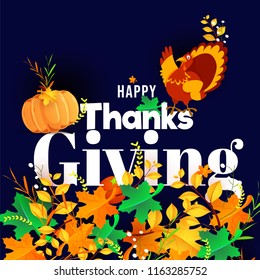 Happy Thanksgiving day celebration template for flyer design with turkey bird, pumpkin and autumn leaves on blue background.