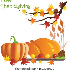 Happy Thanksgiving Day. Celebration text, Typography poster. Leaves for postcard and icon or badge.  