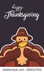 happy thanksgiving day celebration with turkey wearing pilgrim hat and lettering vector illustration design