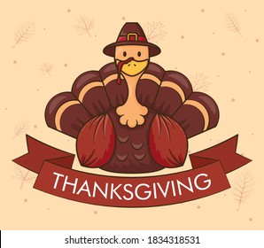 happy thanksgiving day celebration with turkey wearing pilgrim hat vector illustration design