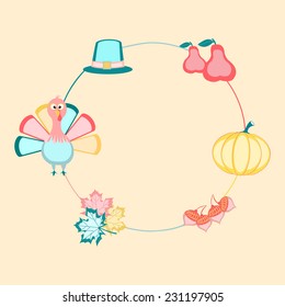 Happy Thanksgiving Day celebrations with circle frame decorated with cute turkey bird, maple leaves, acorn, pumpkin, fruits and pilgrim hat on beige background.