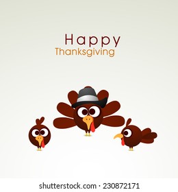 Happy Thanksgiving Day celebrations concept with cute turkey bird family with pilgrim hat  on grey background