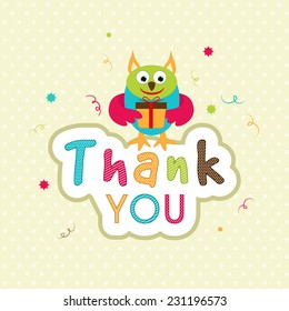 Happy Thanksgiving Day celebrations greeting card design with cute funny cartoon holding and gift box and saying thank you. 
