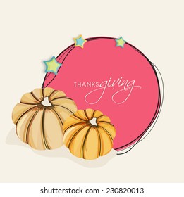 Happy Thanksgiving Day celebrations with pumpkins in a circle pink frame decorated with stars on beige background. 