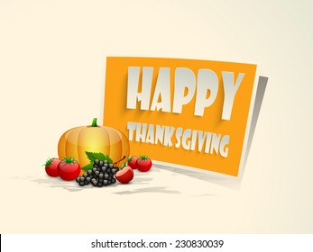 Happy Thanksgiving Day celebrations with vegetables and fruits and stylish tag.