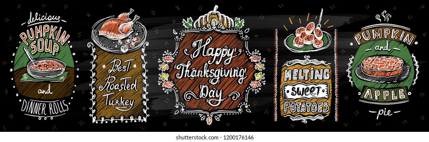 Happy thanksgiving day chalkboard menu with classic dishes - pumpkin and apple pie, roasted turkey, pumpkin soup and sweet potato
