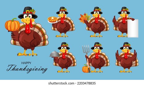 Happy Thanksgiving Day. Cheerful Thanksgiving Turkey bird in pilgrim hat, set of seven poses.