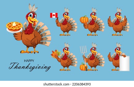 Happy Thanksgiving Day. Cheerful Thanksgiving Turkey bird, set of seven poses