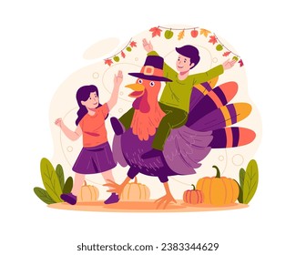 Happy Thanksgiving Day. Children Playing With a Giant Turkey. Thanksgiving Celebration