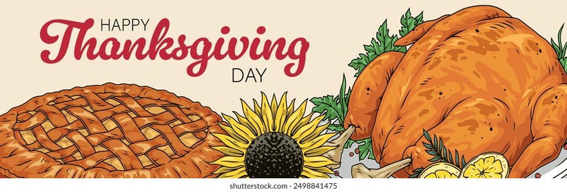 Happy Thanksgiving day colorful detailed banner with apple pie and sunflower near roast turkey garnished with lemons vector illustration