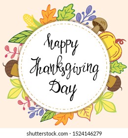 Happy Thanksgiving day. Colorful illustration with leaves and harvest. Banner template, greeting card with vector illustrations and handwritten lettering. Fall season and harvest festival.