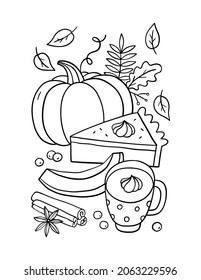 Happy Thanksgiving day - coloring page. Printable coloring page in doodle style