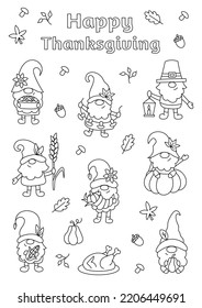 Happy Thanksgiving day. Coloring page with cute little gnomes.  Fun autunm activity for kids. Doodle style. Outline vector illustration.