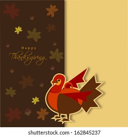 Happy Thanksgiving Day concept with beautiful turkey bird on seamless maple leaves decorated background, can be use as flyer, banner or poster. 