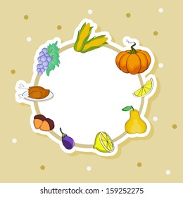 Feliz Dia de Ação de Graças conceito, etiqueta em branco, adesivo ou rótulo com abóbora e folhas de bordo para suas mensagens ou desejos. 