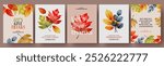 Happy Thanksgiving Day concept of card, cover, invitations set with beautiful bright autumn leaves. Modern Fall season art style design templates for celebration, ads, branding, banner, label, poster