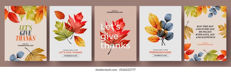 Happy Thanksgiving Day concept of card, cover, invitations set with beautiful bright autumn leaves. Modern Fall season art style design templates for celebration, ads, branding, banner, label, poster